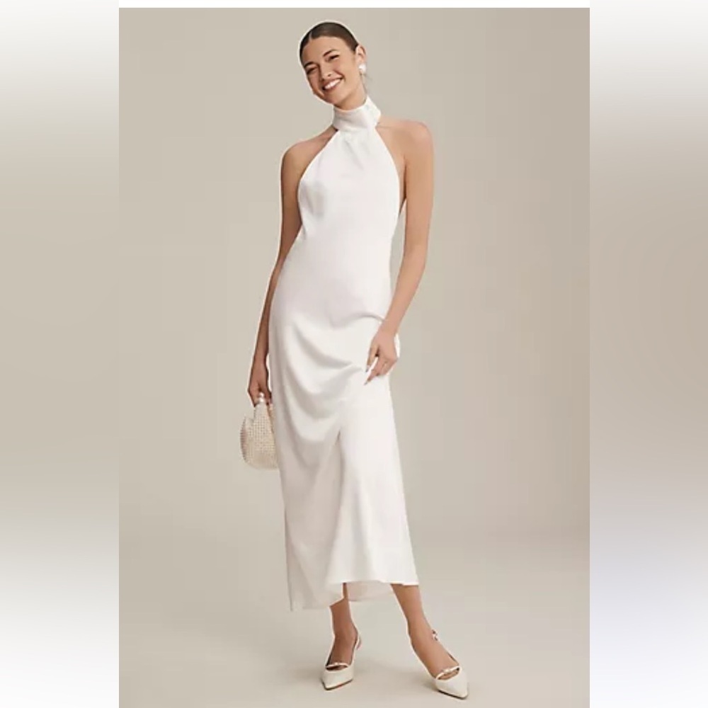 BHLDN halter neck satin dress with slit white size M